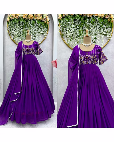 Elegant Faux Georgette Gown with Inner | Thread &amp; Sequence Work | Includes Dupatta-Purple-L-2
