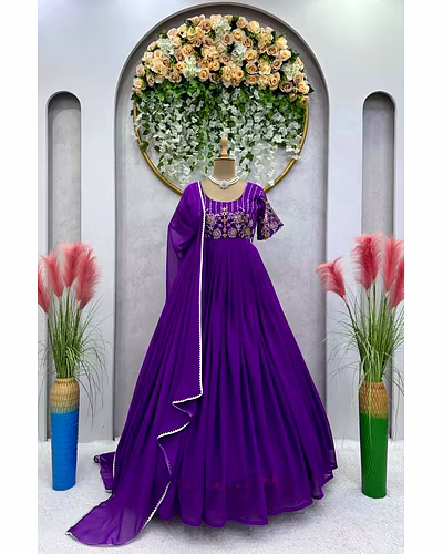 Elegant Faux Georgette Gown with Inner | Thread &amp; Sequence Work | Includes Dupatta-Purple-L-3