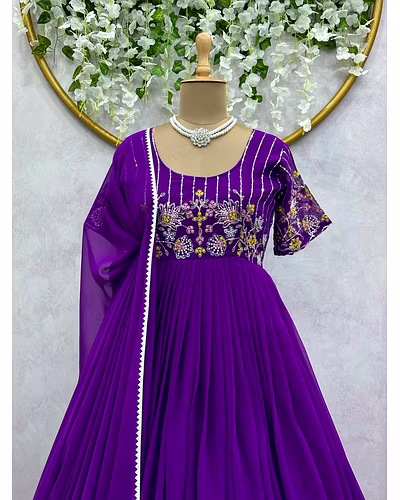 Elegant Faux Georgette Gown with Inner | Thread &amp; Sequence Work | Includes Dupatta-Purple-XL-4