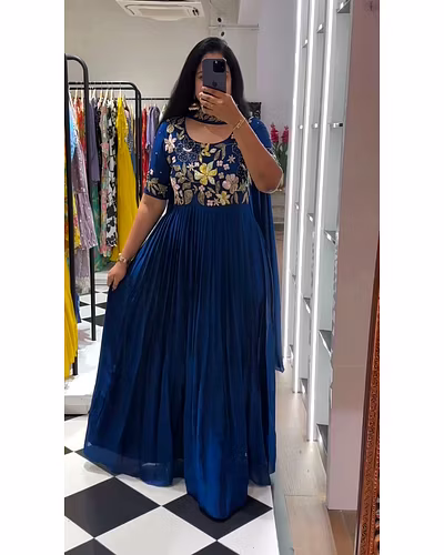 Elegant Faux Georgette Gown with Dupatta - Sequence & Thread Work, Sizes M-XL-RKD1422-NevyBlue-L