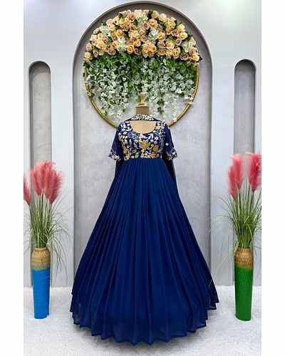 Elegant Faux Georgette Gown with Dupatta - Sequence & Thread Work, Sizes M-XL-Navy Blue-L-2