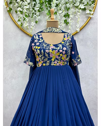 Elegant Faux Georgette Gown with Dupatta - Sequence & Thread Work, Sizes M-XL-Navy Blue-XL-4