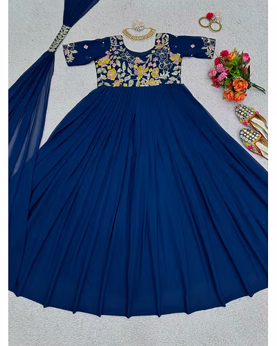 Elegant Faux Georgette Gown with Dupatta - Sequence & Thread Work, Sizes M-XL-Navy Blue-XL-5