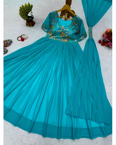 Elegant Faux Georgette Gown with Dupatta - Sequence & Thread Work, Sizes M-XL-Rama-M-5