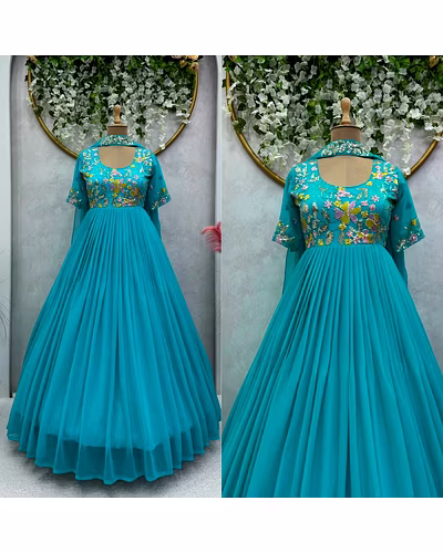 Elegant Faux Georgette Gown with Dupatta - Sequence & Thread Work, Sizes M-XL-Rama-XL-2