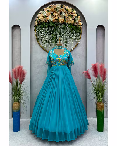Elegant Faux Georgette Gown with Dupatta - Sequence & Thread Work, Sizes M-XL-Rama-XL-3