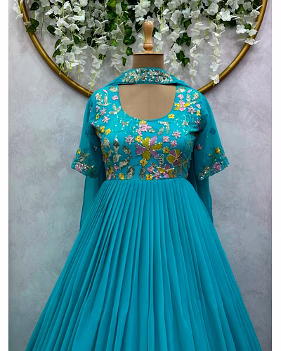 Elegant Faux Georgette Gown with Dupatta - Sequence & Thread Work, Sizes M-XL-Rama-XL-4