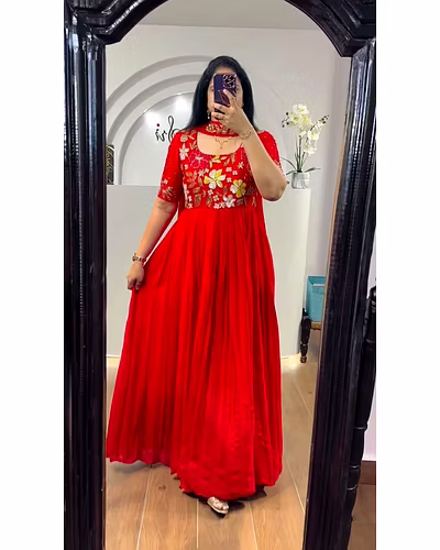 Elegant Faux Georgette Gown with Dupatta - Sequence & Thread Work, Sizes M-XL-RKD1422-Red-M