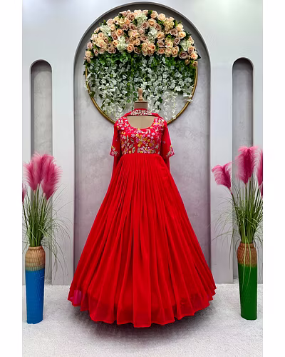 Elegant Faux Georgette Gown with Dupatta - Sequence & Thread Work, Sizes M-XL-Red-M-2
