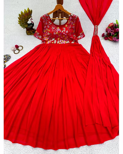 Elegant Faux Georgette Gown with Dupatta - Sequence & Thread Work, Sizes M-XL-Red-M-4
