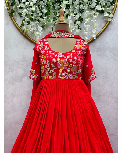 Elegant Faux Georgette Gown with Dupatta - Sequence & Thread Work, Sizes M-XL-Red-L-3