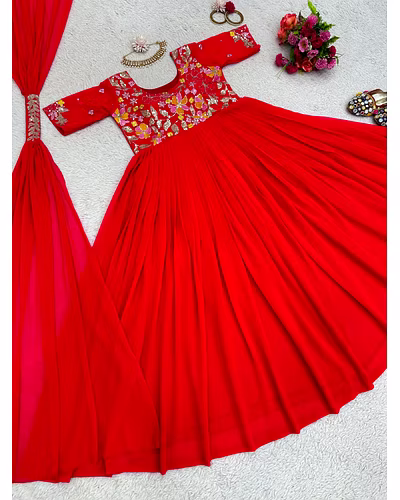 Elegant Faux Georgette Gown with Dupatta - Sequence & Thread Work, Sizes M-XL-Red-XL-5