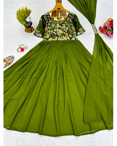 Elegant Faux Georgette Gown with Dupatta - Sequence & Thread Work, Sizes M-XL-M-Pista-3