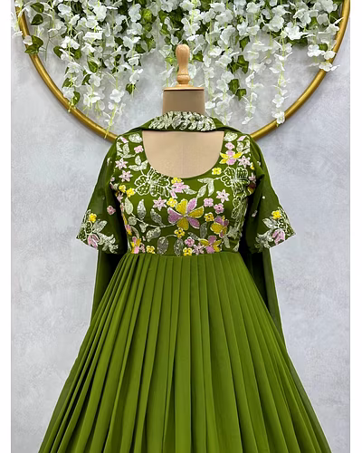 Elegant Faux Georgette Gown with Dupatta - Sequence & Thread Work, Sizes M-XL-M-Pista-4