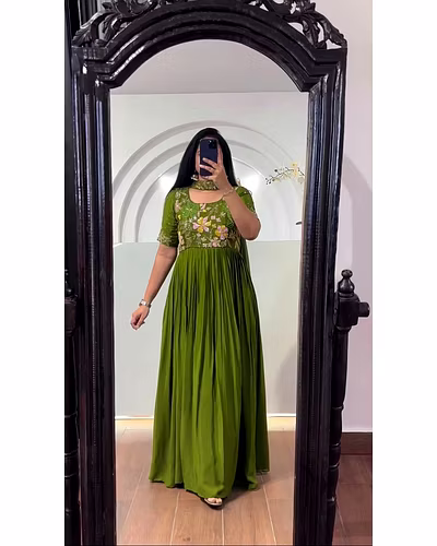 Elegant Faux Georgette Gown with Dupatta - Sequence & Thread Work, Sizes M-XL-RKD1422-Pista-L