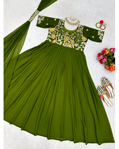 Elegant Faux Georgette Gown with Dupatta - Sequence & Thread Work, Sizes M-XL-Pista-L-5