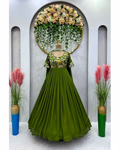 Elegant Faux Georgette Gown with Dupatta - Sequence & Thread Work, Sizes M-XL-Pista-XL-2