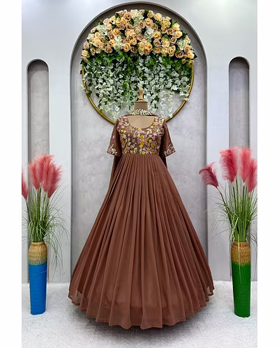 Elegant Faux Georgette Gown with Dupatta - Sequence & Thread Work, Sizes M-XL-Brown-M-2