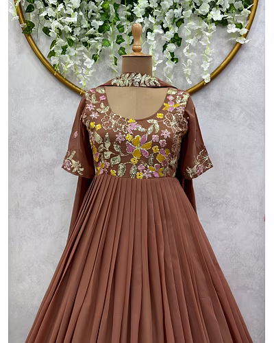 Elegant Faux Georgette Gown with Dupatta - Sequence & Thread Work, Sizes M-XL-Brown-M-3