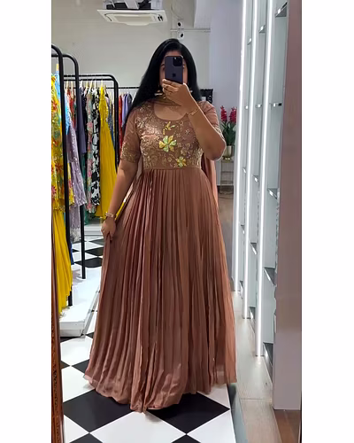 Elegant Faux Georgette Gown with Dupatta - Sequence & Thread Work, Sizes M-XL-RKD1422-Brown-L
