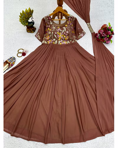 Elegant Faux Georgette Gown with Dupatta - Sequence & Thread Work, Sizes M-XL-L-Brown-4