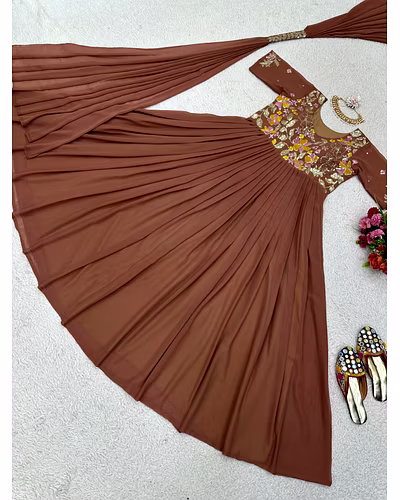 Elegant Faux Georgette Gown with Dupatta - Sequence & Thread Work, Sizes M-XL-Brown-XL-5