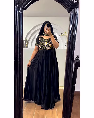Elegant Faux Georgette Gown with Dupatta - Sequence & Thread Work, Sizes M-XL-RKD1422-Black-M