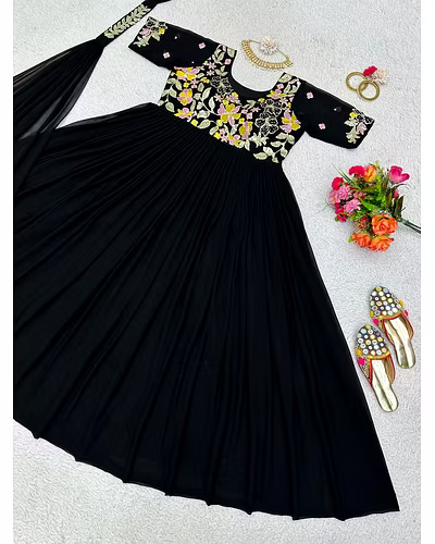 Elegant Faux Georgette Gown with Dupatta - Sequence & Thread Work, Sizes M-XL-Black-M-4