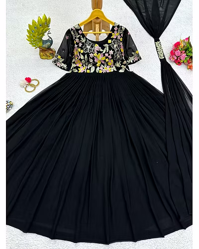 Elegant Faux Georgette Gown with Dupatta - Sequence & Thread Work, Sizes M-XL-Black-M-5