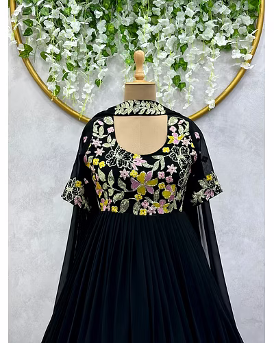 Elegant Faux Georgette Gown with Dupatta - Sequence & Thread Work, Sizes M-XL-Black-L-2