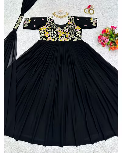 Elegant Faux Georgette Gown with Dupatta - Sequence & Thread Work, Sizes M-XL-Black-L-3