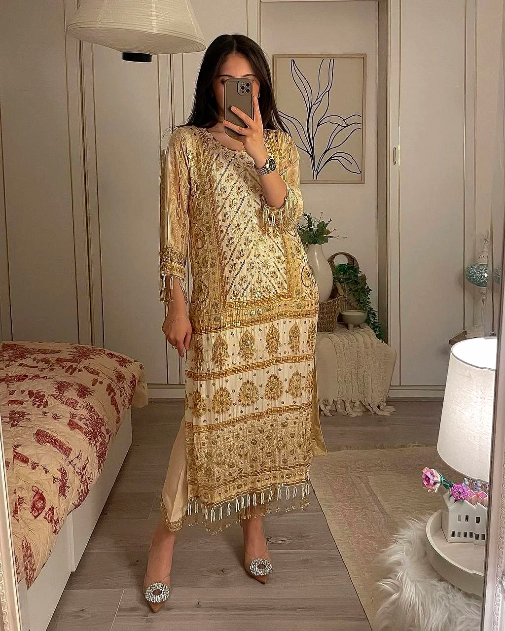ynf elegant faux georgette embroidered outfit with printed sleeves & dupatta set