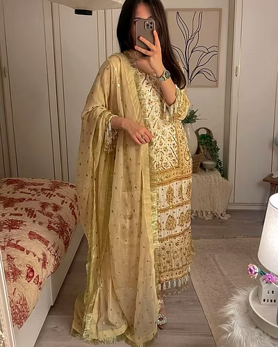 Elegant Faux Georgette Embroidered Outfit with Printed Sleeves &amp; Dupatta Set-Beige-L-2