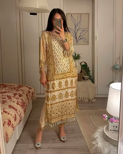 Elegant Faux Georgette Embroidered Outfit with Printed Sleeves &amp; Dupatta Set-RLG1829-Beige-XL