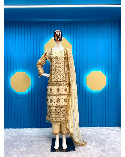 Elegant Faux Georgette Embroidered Outfit with Printed Sleeves &amp; Dupatta Set-Beige-XL-3