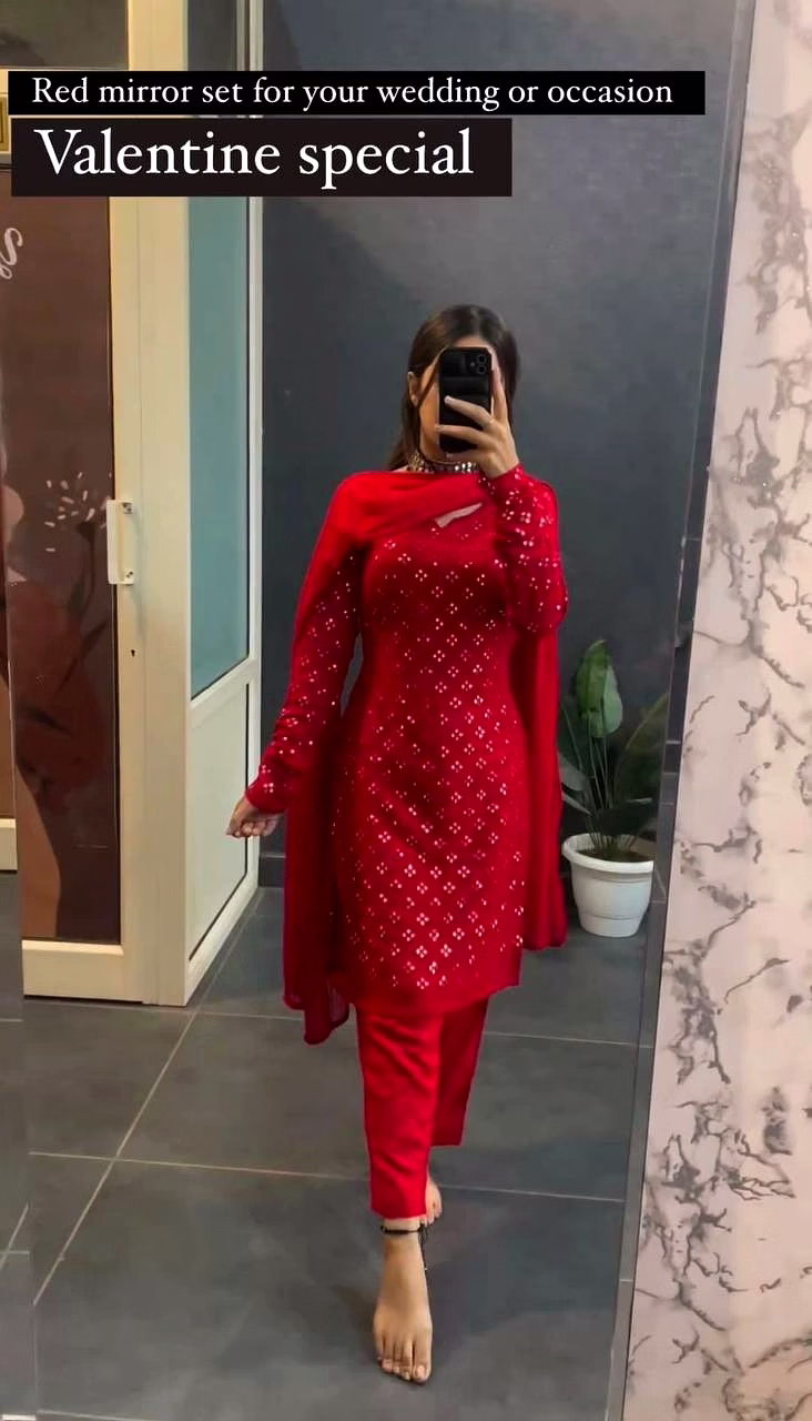 ynf beautiful designer suit in faux georgette with inner & 9mm sequence work, pet on crepe, and dupatta in faux georgette - size m(38), l(40), xl(42) - 3 colors - crepe pants - free size with elastic - faux georgette dupatta - 2.2m