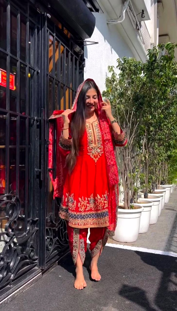 Faux Georgette Suit with 9MM Sequence and Thread Work, Size L(40) M, XL(42), XXL(44), 0.900 Weight. Silk Dhoti with Digital Print and Thread with Sequence Work, Free Size (Stitched with Elastic). Silk Dupatta with Digital Print and Thread with Sequence Work, Size 2.2M. image 2
