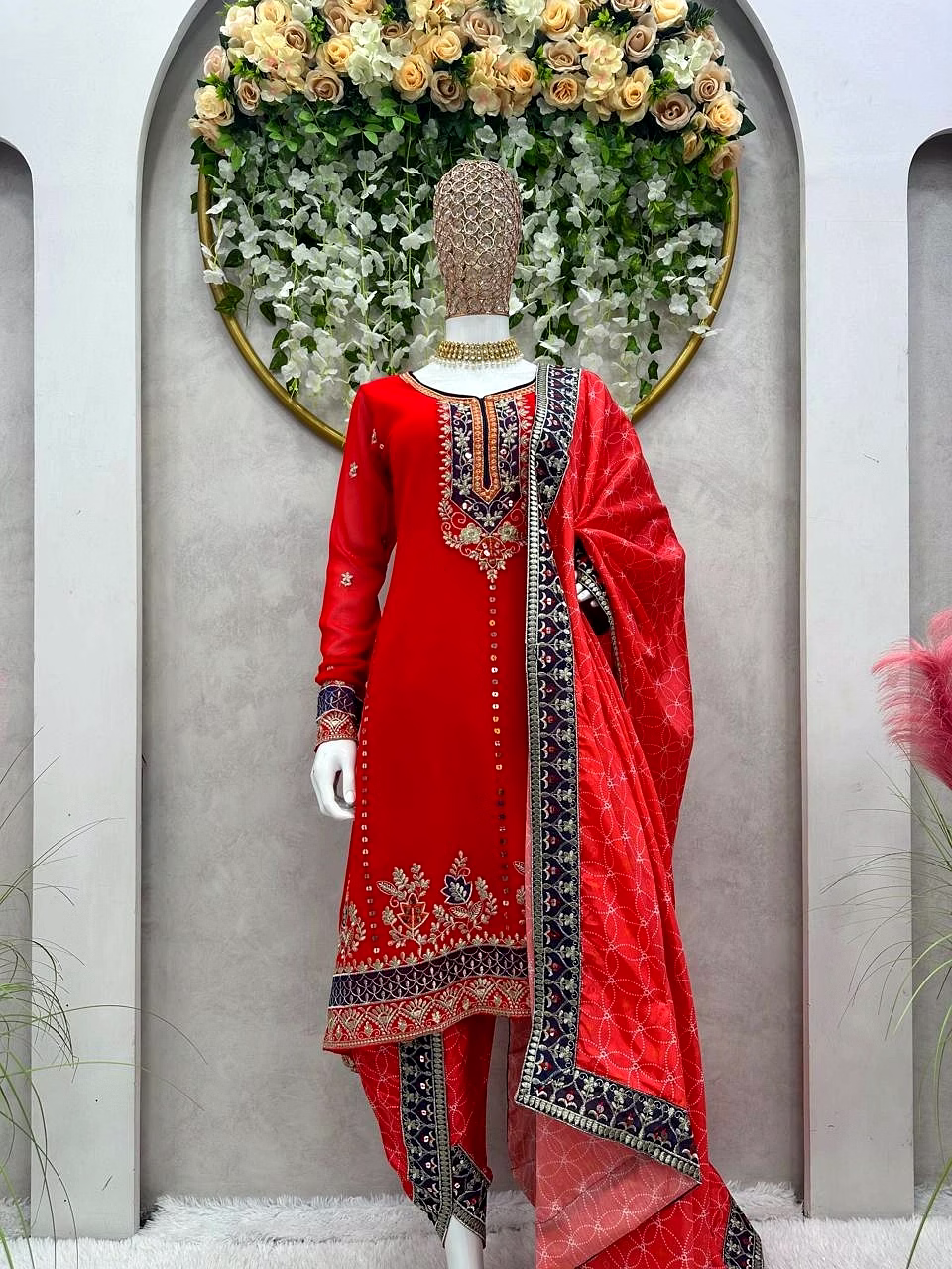 Faux Georgette Suit with 9MM Sequence and Thread Work, Size L(40) M, XL(42), XXL(44), 0.900 Weight. Silk Dhoti with Digital Print and Thread with Sequence Work, Free Size (Stitched with Elastic). Silk Dupatta with Digital Print and Thread with Sequence Work, Size 2.2M. image 3