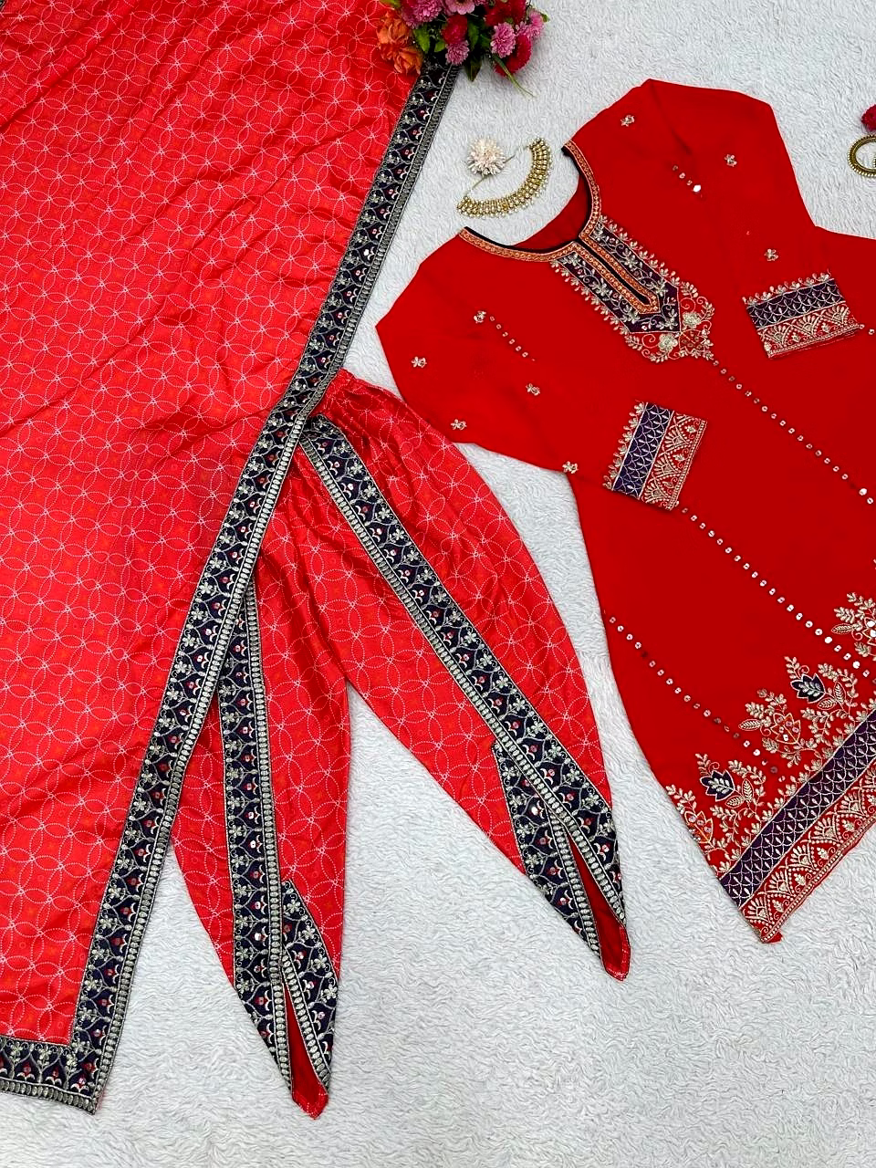Faux Georgette Suit with 9MM Sequence and Thread Work, Size L(40) M, XL(42), XXL(44), 0.900 Weight. Silk Dhoti with Digital Print and Thread with Sequence Work, Free Size (Stitched with Elastic). Silk Dupatta with Digital Print and Thread with Sequence Work, Size 2.2M. image 4