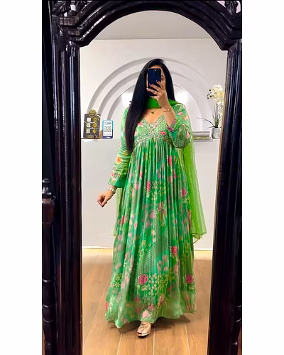 Designer Padded Suit Set - Muslin Cotton, Digital Print, Hand Work, Crepe Pants, Faux Georgette Dupatta-RKD1402-Pista-L