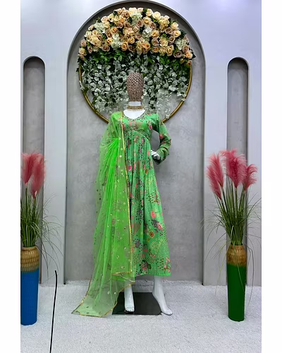 Designer Padded Suit Set - Muslin Cotton, Digital Print, Hand Work, Crepe Pants, Faux Georgette Dupatta-Pista-XL-3
