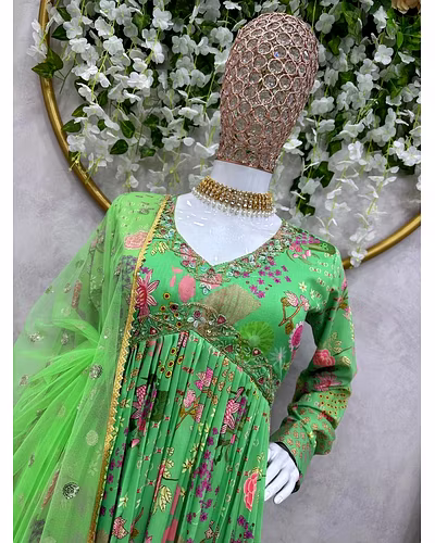Designer Padded Suit Set - Muslin Cotton, Digital Print, Hand Work, Crepe Pants, Faux Georgette Dupatta-Pista-XL-4