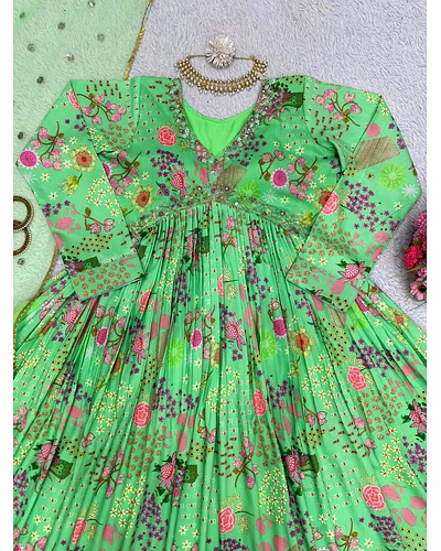 Designer Padded Suit Set - Muslin Cotton, Digital Print, Hand Work, Crepe Pants, Faux Georgette Dupatta-Pista-XL-5