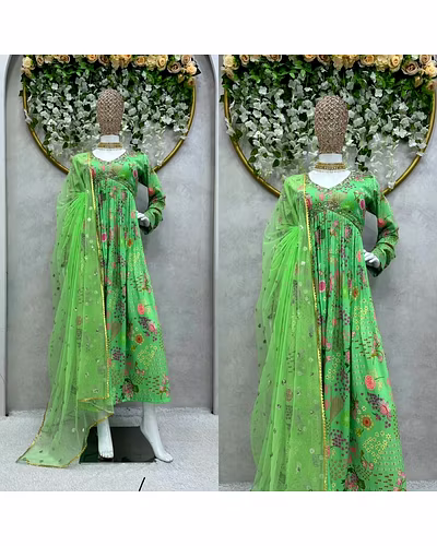 Designer Padded Suit Set - Muslin Cotton, Digital Print, Hand Work, Crepe Pants, Faux Georgette Dupatta-Pista-M-2