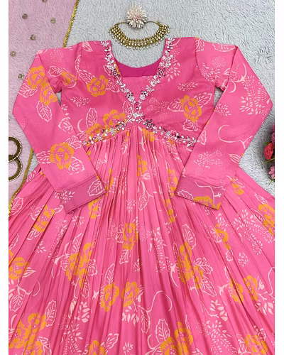 Designer Padded Suit Set - Muslin Cotton, Digital Print, Hand Work, Crepe Pants, Faux Georgette Dupatta-Pink-L-3