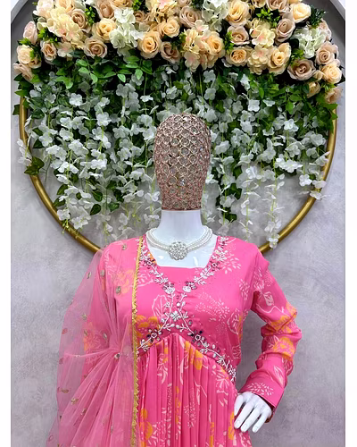 Designer Padded Suit Set - Muslin Cotton, Digital Print, Hand Work, Crepe Pants, Faux Georgette Dupatta-Pink-L-4