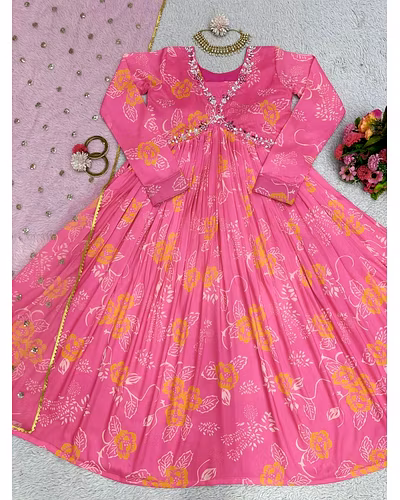 Designer Padded Suit Set - Muslin Cotton, Digital Print, Hand Work, Crepe Pants, Faux Georgette Dupatta-Pink-L-5