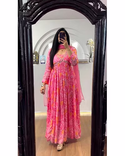 Designer Padded Suit Set - Muslin Cotton, Digital Print, Hand Work, Crepe Pants, Faux Georgette Dupatta-RKD1402-Pink-XL