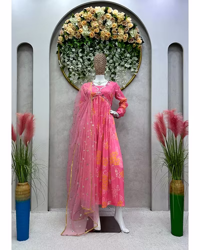 Designer Padded Suit Set - Muslin Cotton, Digital Print, Hand Work, Crepe Pants, Faux Georgette Dupatta-Pink-M-2