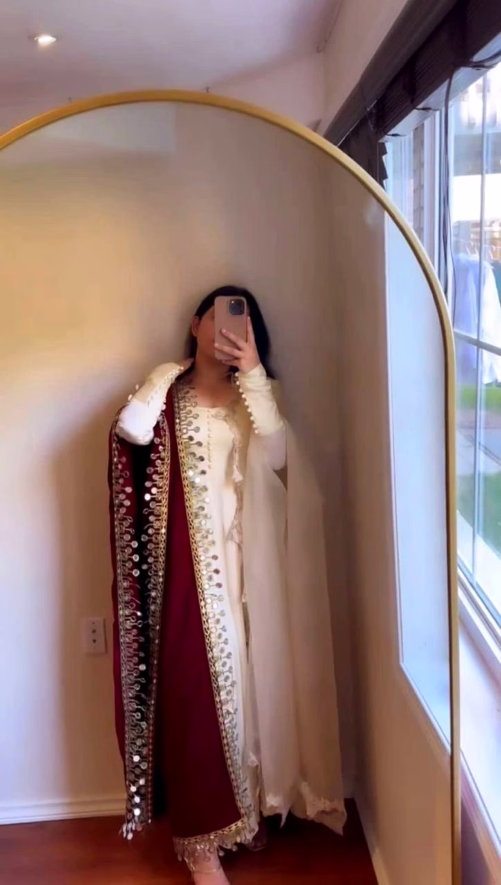 Chinon Silk Suit with Inner Work, Padded and Potali Button With Canvas Patta, Size Up to 42 (Full-Stitched), Flair 4.2M, Weight 1.4 KG, Velvet Dupatta with Thred work and Mirror, Size 2.2M, Tibby Silk Dupatta with Thred Work and Cut Work, Size 2.2M image 2